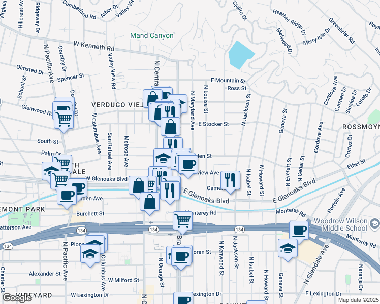 map of restaurants, bars, coffee shops, grocery stores, and more near 120 West Dryden Street in Glendale