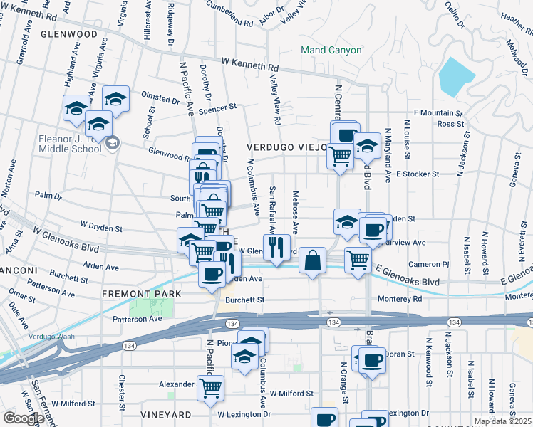 map of restaurants, bars, coffee shops, grocery stores, and more near 396 West Dryden Street in Glendale