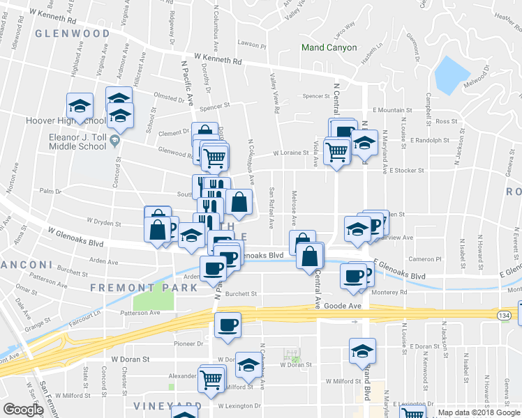 map of restaurants, bars, coffee shops, grocery stores, and more near 396 West Dryden Street in Glendale