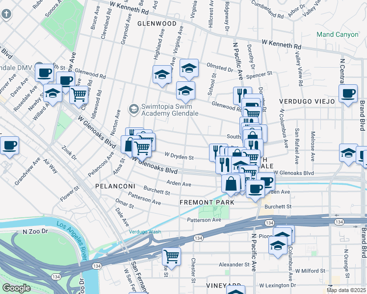 map of restaurants, bars, coffee shops, grocery stores, and more near 663 West Dryden Street in Glendale