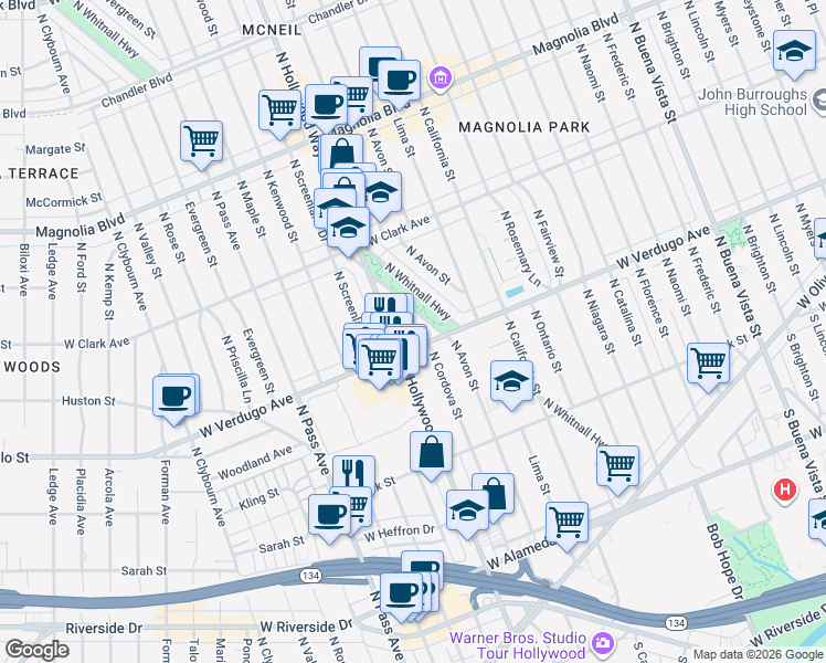 map of restaurants, bars, coffee shops, grocery stores, and more near 545 North Cordova Street in Burbank
