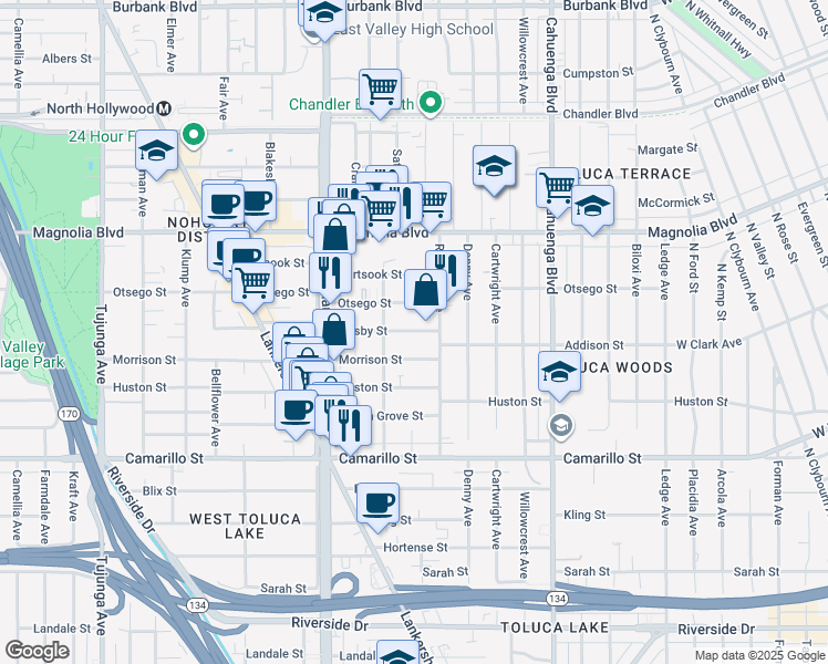 map of restaurants, bars, coffee shops, grocery stores, and more near 10815 Morrison Street in Los Angeles