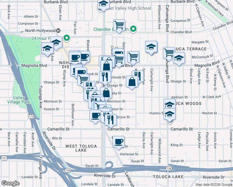 map of restaurants, bars, coffee shops, grocery stores, and more near 10857 Morrison Street in Los Angeles