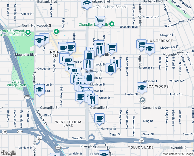 map of restaurants, bars, coffee shops, grocery stores, and more near 10857 Morrison Street in Los Angeles