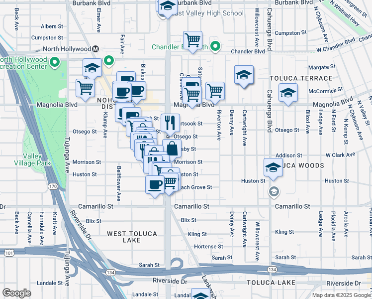map of restaurants, bars, coffee shops, grocery stores, and more near 10939 Morrison Street in Los Angeles