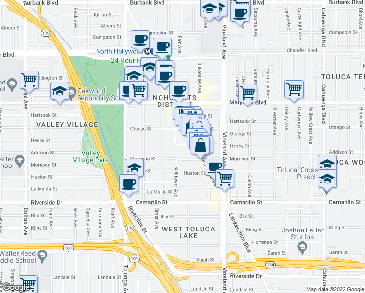 map of restaurants, bars, coffee shops, grocery stores, and more near 11151 Morrison Street in Los Angeles