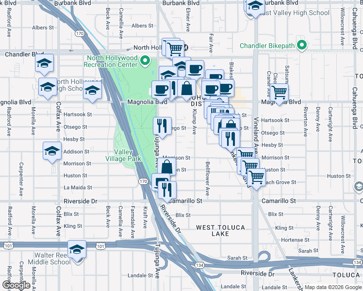 map of restaurants, bars, coffee shops, grocery stores, and more near 11265 Morrison Street in Los Angeles