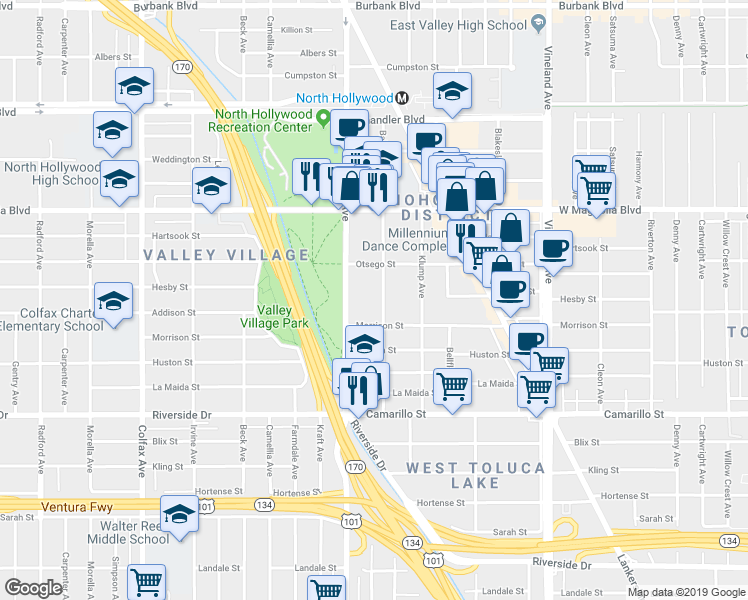 map of restaurants, bars, coffee shops, grocery stores, and more near 5002 Tujunga Avenue in Los Angeles