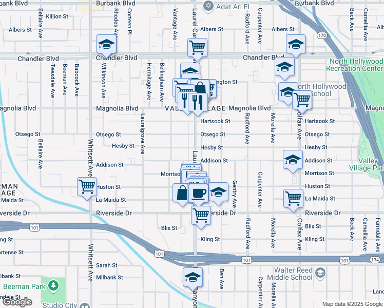 map of restaurants, bars, coffee shops, grocery stores, and more near in Los Angeles