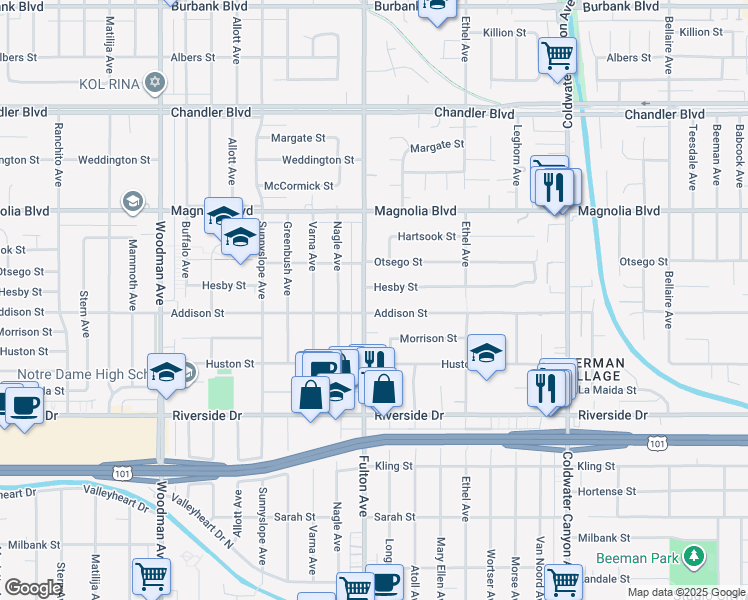 map of restaurants, bars, coffee shops, grocery stores, and more near 13246 Addison Street in Los Angeles
