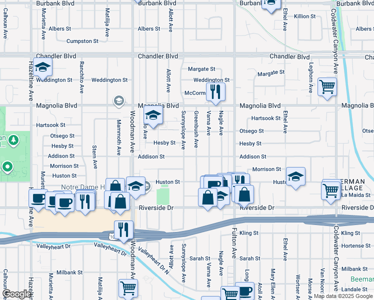 map of restaurants, bars, coffee shops, grocery stores, and more near 4952 Sunnyslope Avenue in Los Angeles