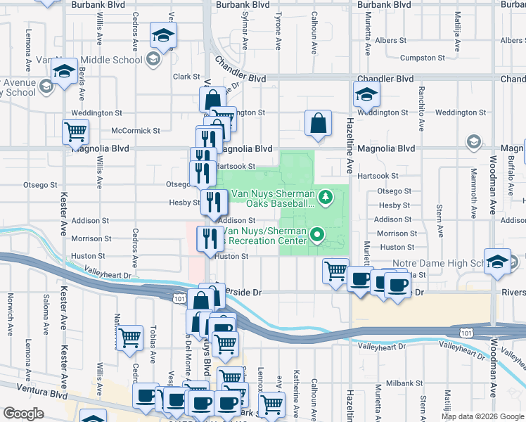 map of restaurants, bars, coffee shops, grocery stores, and more near 14350 Addison Street in Los Angeles