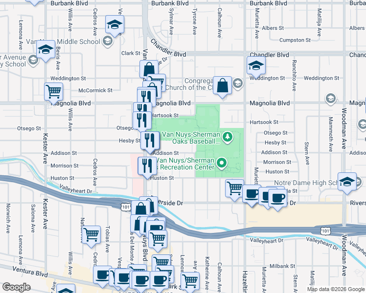 map of restaurants, bars, coffee shops, grocery stores, and more near 14350 Addison Street in Los Angeles