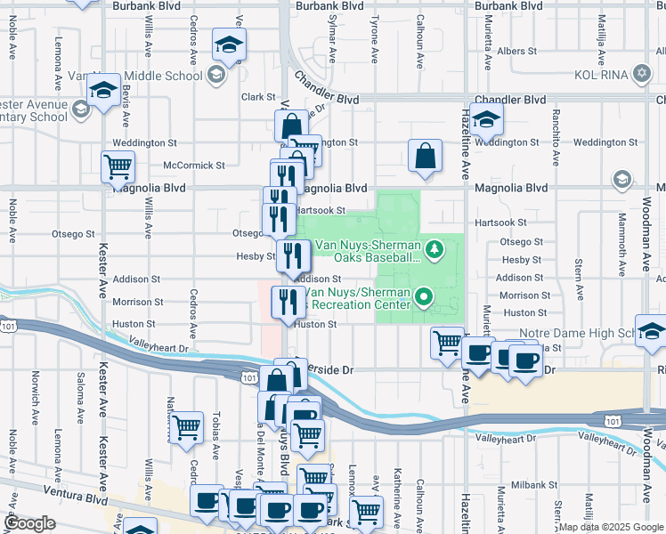 map of restaurants, bars, coffee shops, grocery stores, and more near 14350 Addison Street in Los Angeles