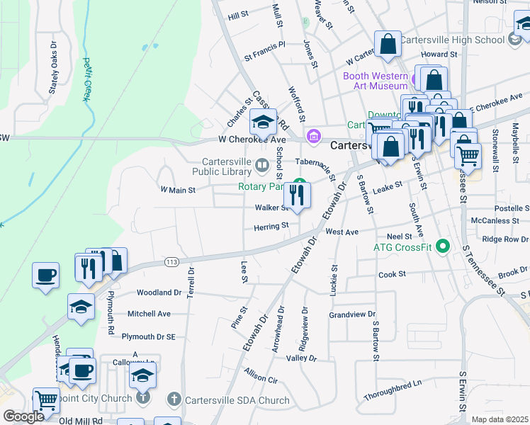 map of restaurants, bars, coffee shops, grocery stores, and more near 26 Walker Street in Cartersville