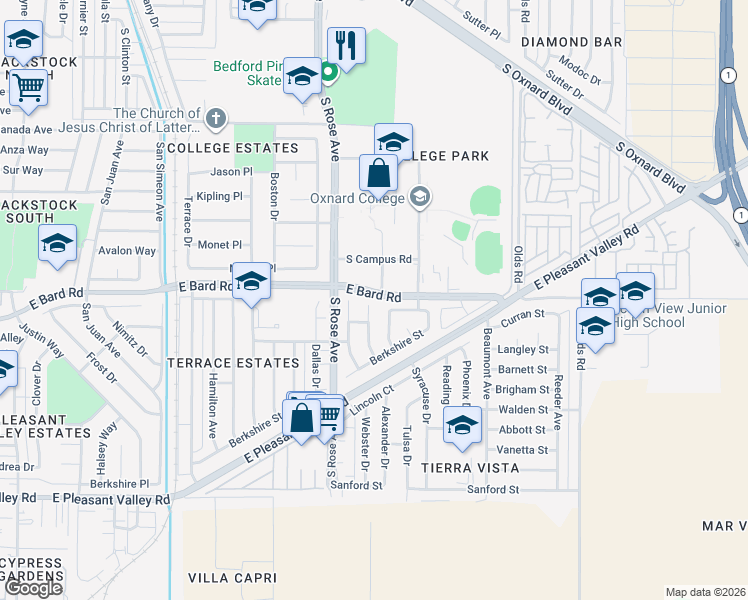 map of restaurants, bars, coffee shops, grocery stores, and more near 4210 Drake Drive in Oxnard