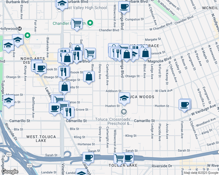 map of restaurants, bars, coffee shops, grocery stores, and more near 5012 Cartwright Avenue in Los Angeles