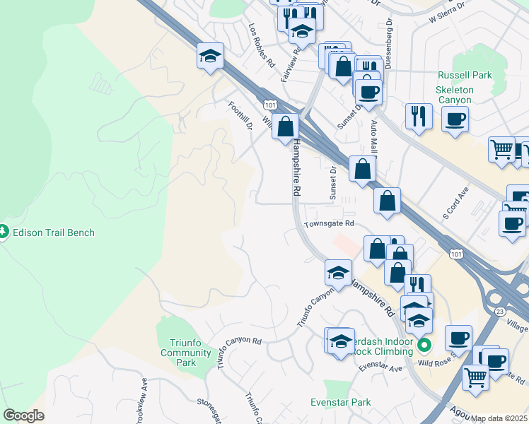 map of restaurants, bars, coffee shops, grocery stores, and more near 563 Hampshire Road in Westlake Village