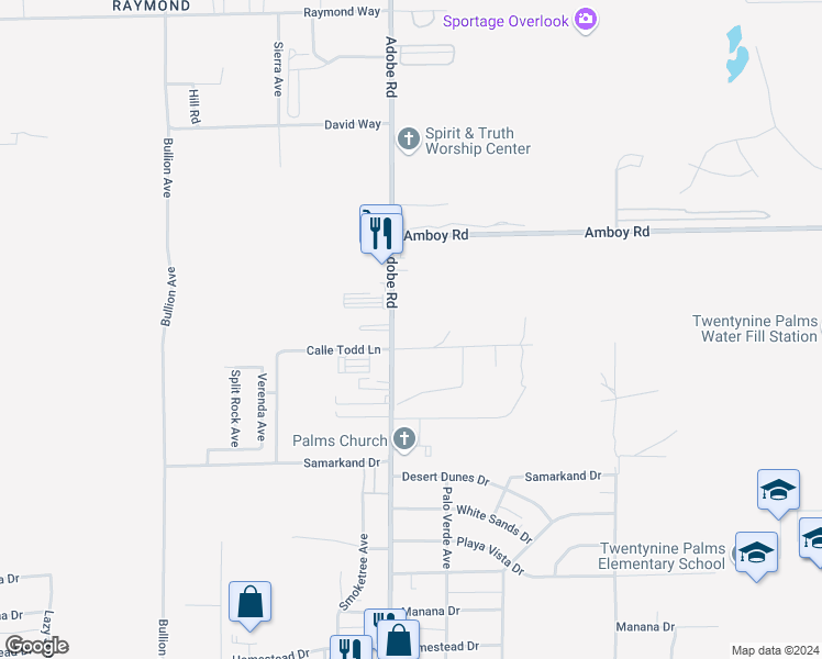 map of restaurants, bars, coffee shops, grocery stores, and more near 4973 Adobe Road in Twentynine Palms