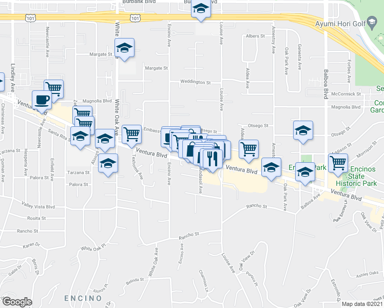 map of restaurants, bars, coffee shops, grocery stores, and more near 17404 Ventura Boulevard in Los Angeles