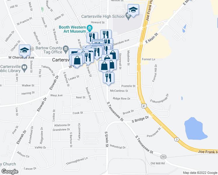 map of restaurants, bars, coffee shops, grocery stores, and more near 300 South Tennessee Street in Cartersville