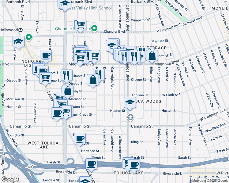 map of restaurants, bars, coffee shops, grocery stores, and more near 5012 Cartwright Avenue in Los Angeles