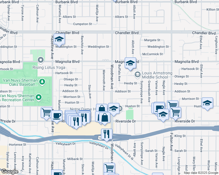map of restaurants, bars, coffee shops, grocery stores, and more near 5009 Woodman Avenue in Los Angeles