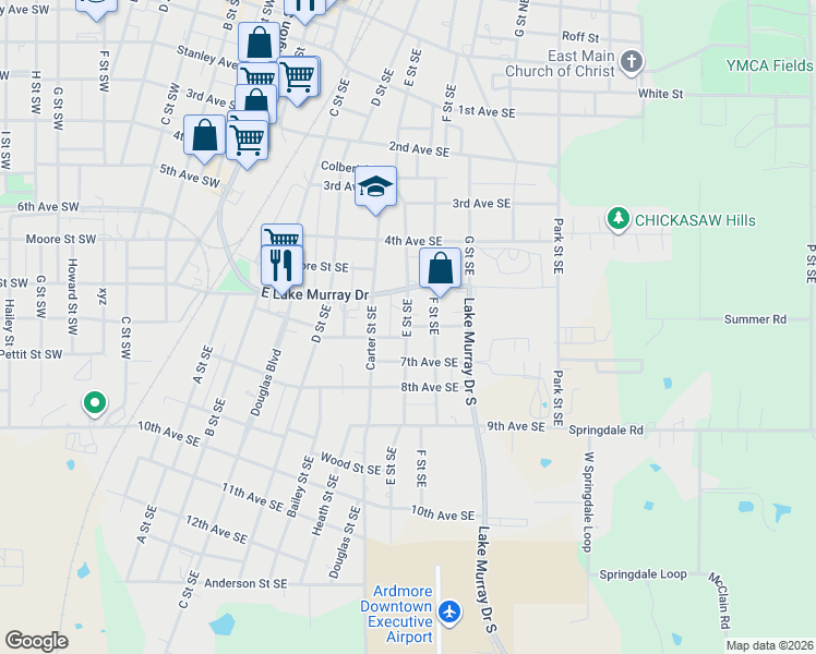 map of restaurants, bars, coffee shops, grocery stores, and more near 600 6th Avenue Southeast in Ardmore