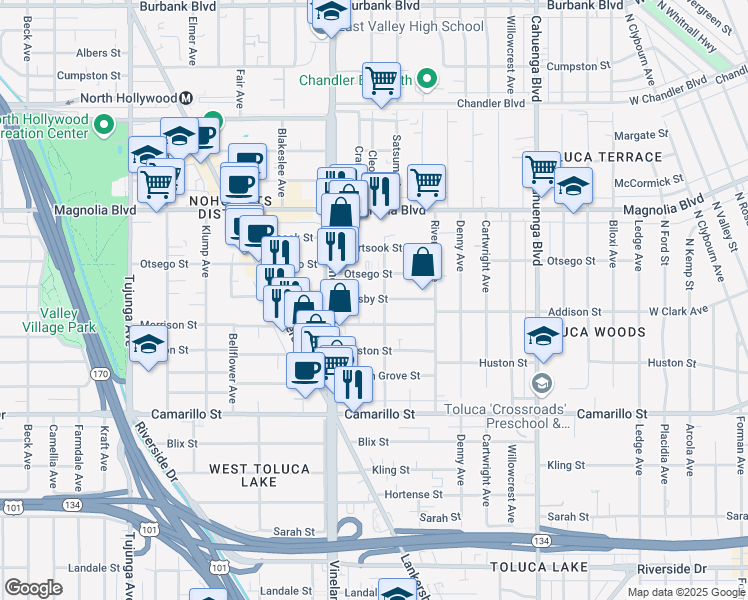 map of restaurants, bars, coffee shops, grocery stores, and more near 10857 Morrison Street in Los Angeles