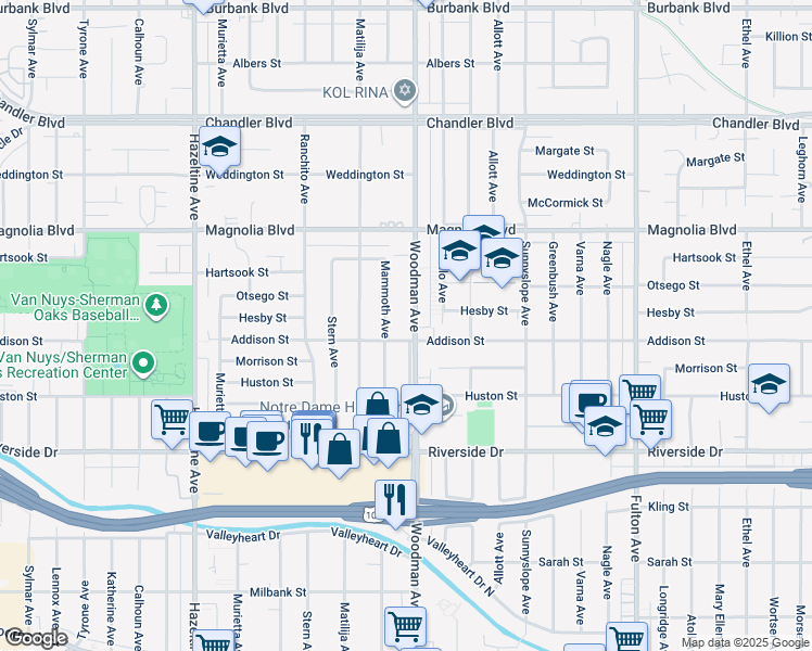 map of restaurants, bars, coffee shops, grocery stores, and more near 5009 Woodman Avenue in Los Angeles