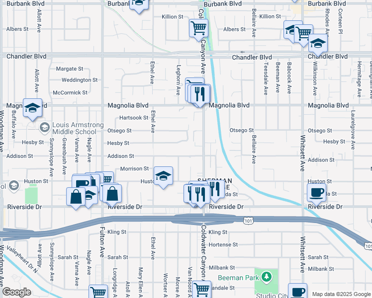 map of restaurants, bars, coffee shops, grocery stores, and more near 12939 Addison Street in Los Angeles