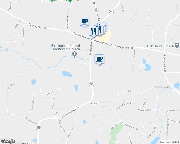 map of restaurants, bars, coffee shops, grocery stores, and more near 15626 Birmingham Highway in Milton