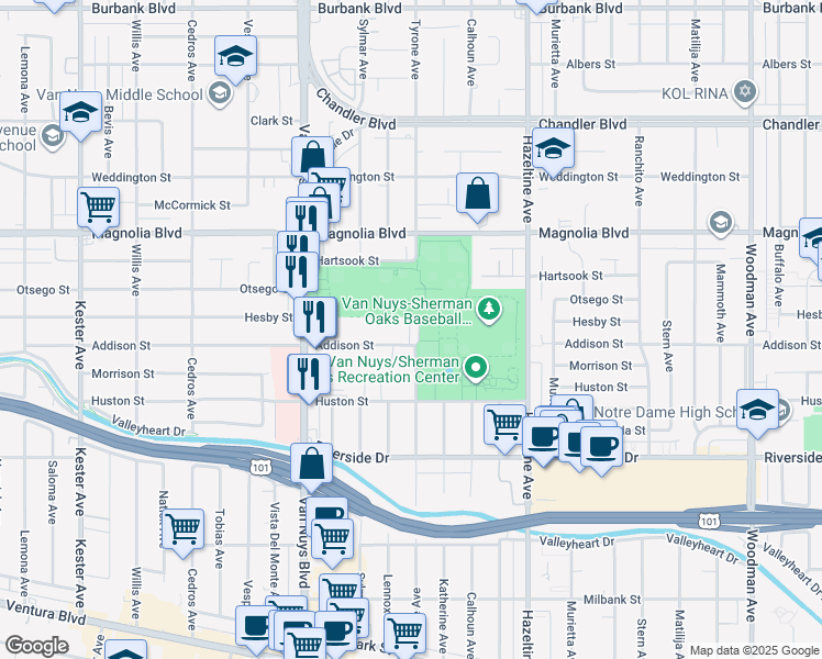 map of restaurants, bars, coffee shops, grocery stores, and more near 14301 Addison Street in Los Angeles