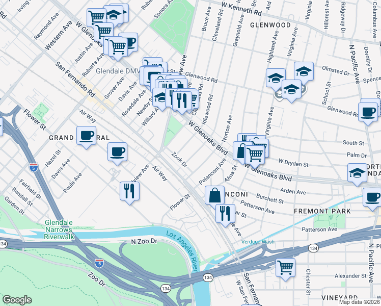 map of restaurants, bars, coffee shops, grocery stores, and more near 843 Graynold Avenue in Glendale