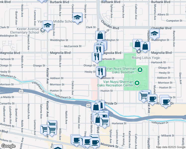 map of restaurants, bars, coffee shops, grocery stores, and more near 5043a Van Nuys Boulevard in Los Angeles