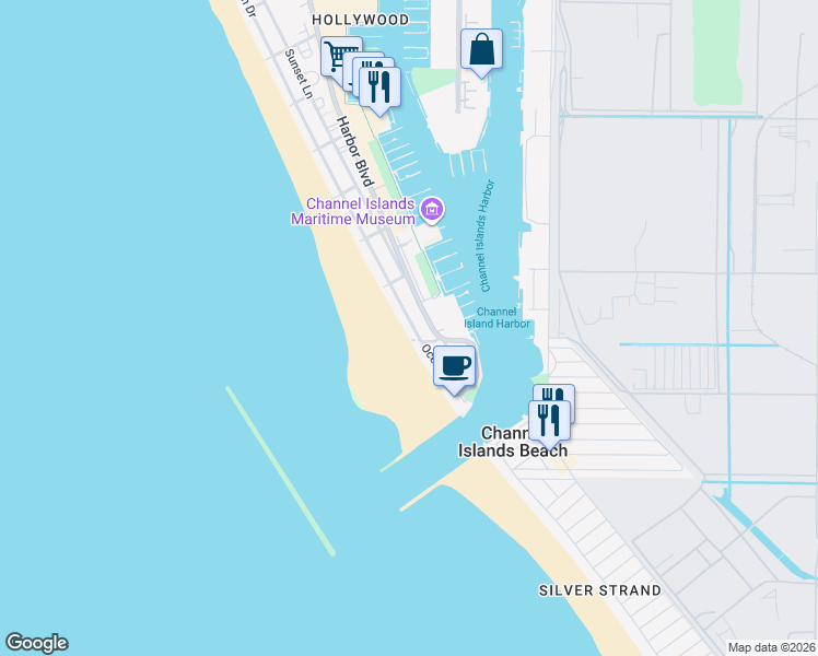 map of restaurants, bars, coffee shops, grocery stores, and more near 3352 Ocean Drive in Oxnard