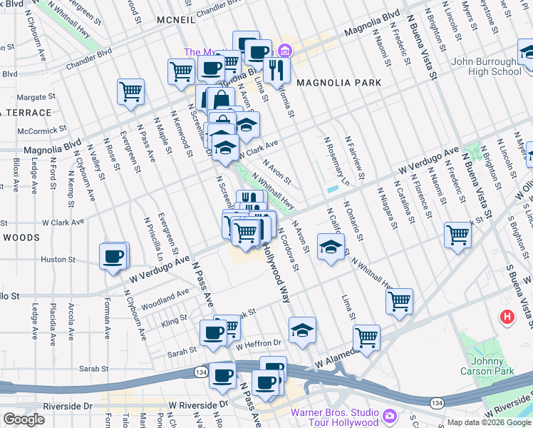 map of restaurants, bars, coffee shops, grocery stores, and more near 620 North Hollywood Way in Burbank