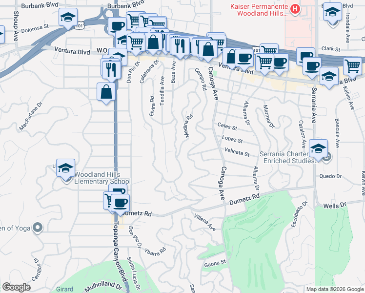 map of restaurants, bars, coffee shops, grocery stores, and more near 5130 Medina Road in Los Angeles