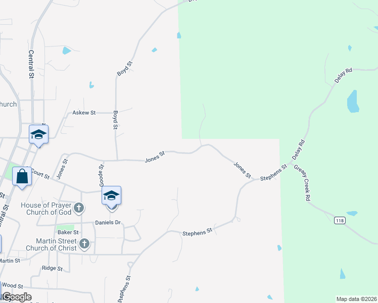map of restaurants, bars, coffee shops, grocery stores, and more near 1417 Jones Street in Water Valley