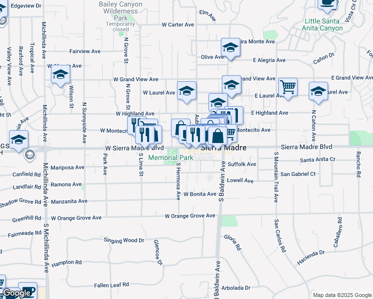 map of restaurants, bars, coffee shops, grocery stores, and more near 152 West Sierra Madre Boulevard in Sierra Madre