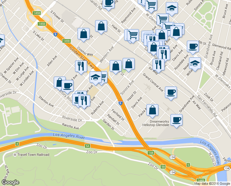 map of restaurants, bars, coffee shops, grocery stores, and more near Golden State Freeway in Glendale
