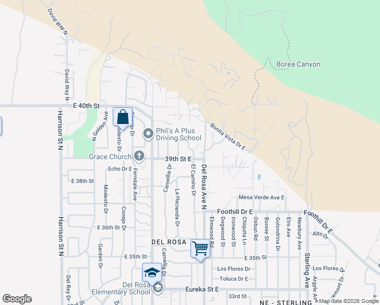 map of restaurants, bars, coffee shops, grocery stores, and more near 3962 La Hacienda Drive in San Bernardino