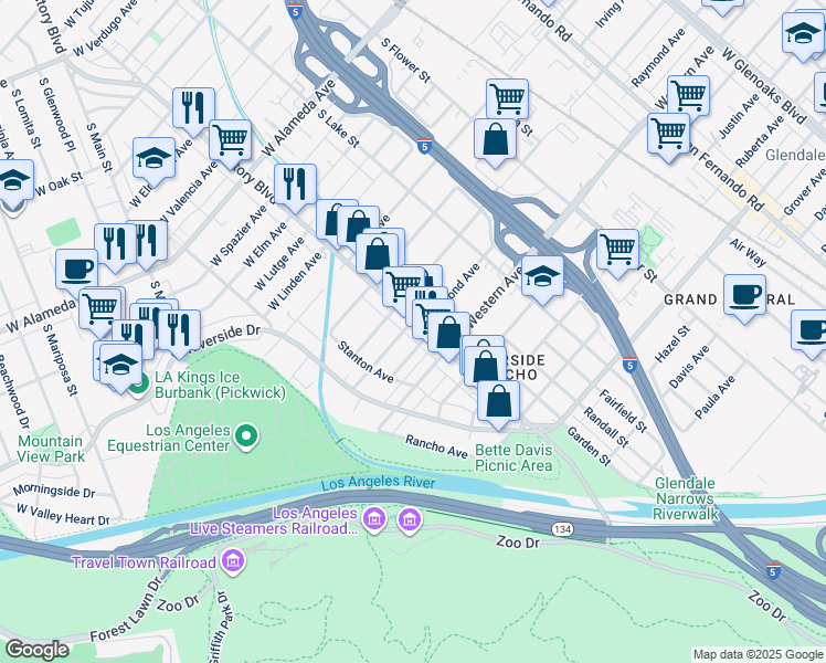 map of restaurants, bars, coffee shops, grocery stores, and more near in Glendale
