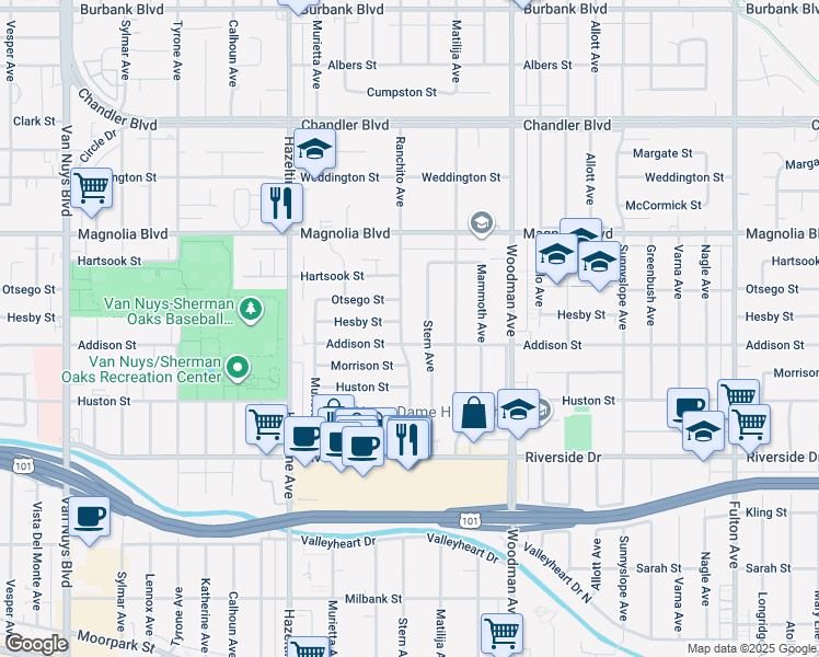 map of restaurants, bars, coffee shops, grocery stores, and more near 5016 Ranchito Avenue in Los Angeles