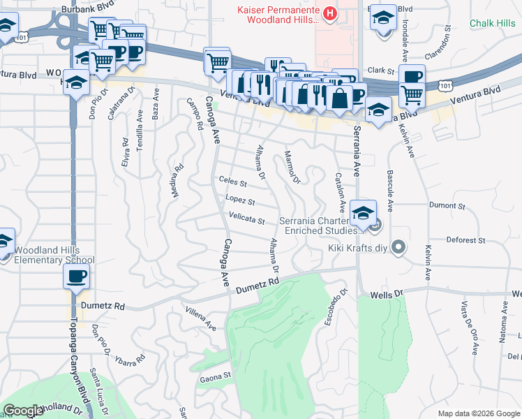 map of restaurants, bars, coffee shops, grocery stores, and more near 21228 Lopez Street in Los Angeles