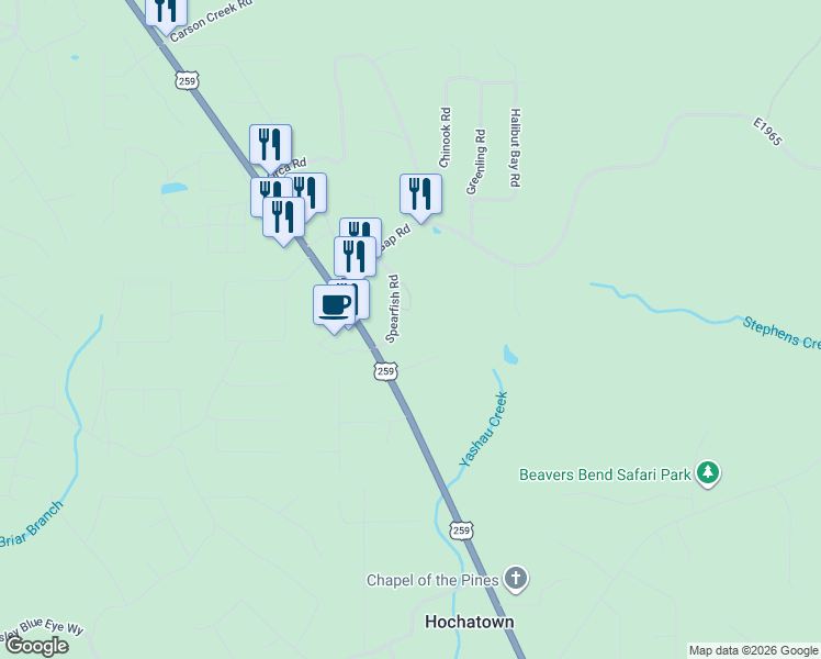 map of restaurants, bars, coffee shops, grocery stores, and more near 50 Spearfish Road in Broken Bow