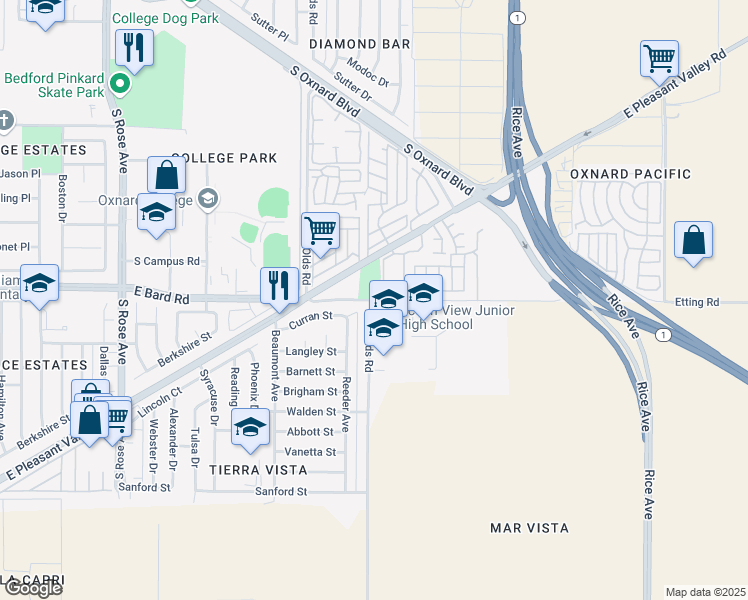 map of restaurants, bars, coffee shops, grocery stores, and more near 2161 Etting Road in Oxnard
