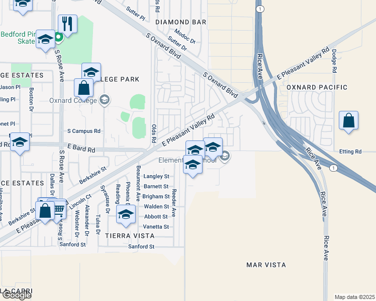 map of restaurants, bars, coffee shops, grocery stores, and more near 2161 Etting Road in Oxnard