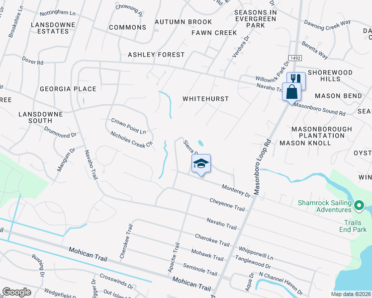 map of restaurants, bars, coffee shops, grocery stores, and more near 414 Sierra Drive in Wilmington