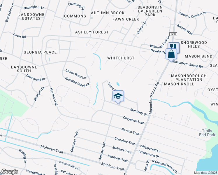 map of restaurants, bars, coffee shops, grocery stores, and more near 409 Sierra Drive in Wilmington